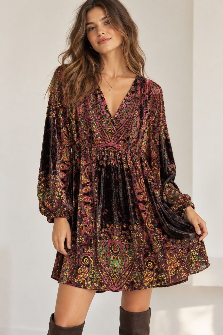 Free People Paisley Velvet Mini Dress Large Boho Long Sleeve Tunic